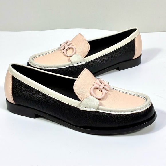 Salvatore Ferragamo Shoes - Salvatore Ferragamo Gancini Leather Colorblock Loafers 8.5 Black Pink Ivory NEW